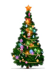 Christmas tree with cartoon vector Xmas star, balls and New Year gifts. Christmas fir or pine tree, decorated with Xmas ornaments, glowing lights, canes and stocking, bell, ribbon and serpentine