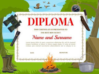 Boy scout diploma vector template. Camping equipment binoculars, tent and compass with flashlight, cooking bowl, boots and hunting knife near camp fire. Educational children certificate cartoon design