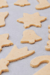 Raw gingerbread cookies on the white baking sheet.