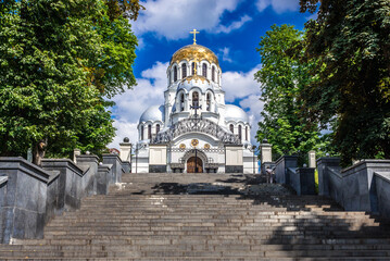 Exterior view of St Alexander Nevsky cathedral in Kamianets Podilskyi city in Khmelnytskyi Oblast, Ukraine