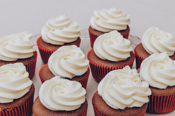 Delicious chocolate cupcakes with swirled frosting cream on top on the bright tablecloth.