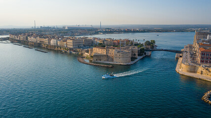 Taranto, Puglia (Apulia), Italy.Beautiful panoramic aerial view photo from flying drone to a small...