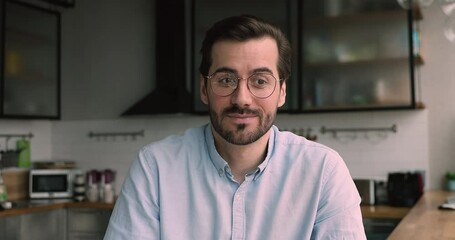 Due corona virus and lockdown, business negotiation conduct from home using video call app concept. Head shot portrait businessman sit in home kitchen talk to client of friend remotely use videocall - Powered by Adobe