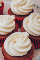 Delicious chocolate cupcakes with swirled frosting cream on top close up. Macro shot. Selective focus.