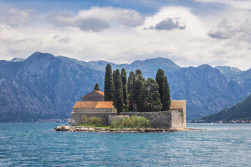 St George Island with buildings of former monastery, located in the Kotor Bay in Montenegro