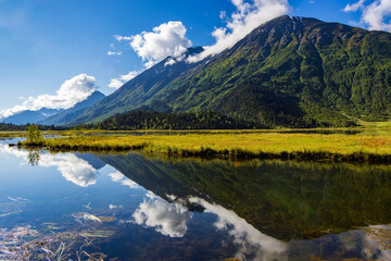 Naklejka na ściany i meble Wide angle landscape of Tern Lake in Summer on the Kenai Peninsula, Moose Pass, Alaska with the mountains reflecting in the calm alpine lake on a sunny day