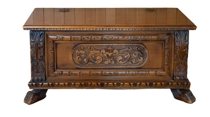 Antique Wooden Chest in  the Neo Gotic Style Old Castle Medieval Isolated on White Background