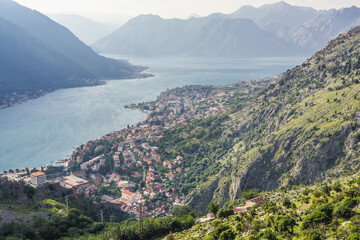 Kotor Bay in Montenegro seen from mountain above Kotor coastal town