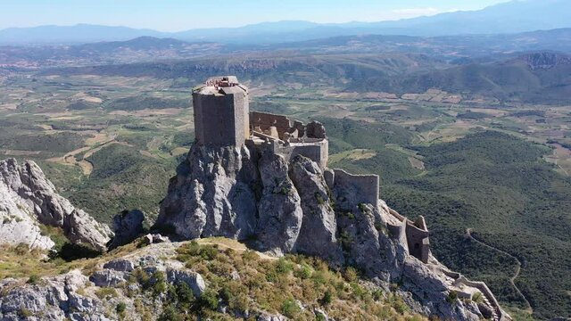 Panoramic view of castle Chateau de Queribus. Aude department. Languedoc-Roussillon region. France