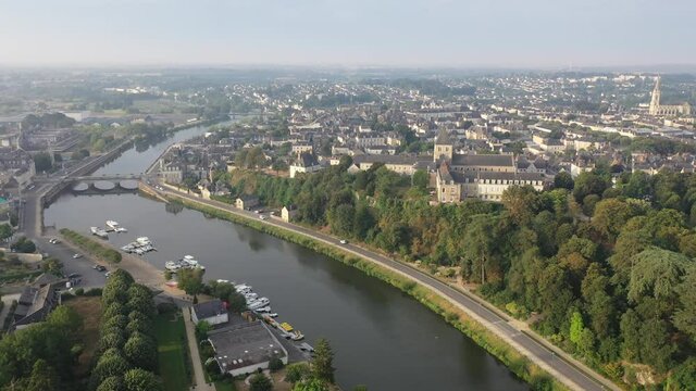 Scenic aerial view of Chateau-Gontier-sur-Mayenne commune in Mayenne department, northwestern France 