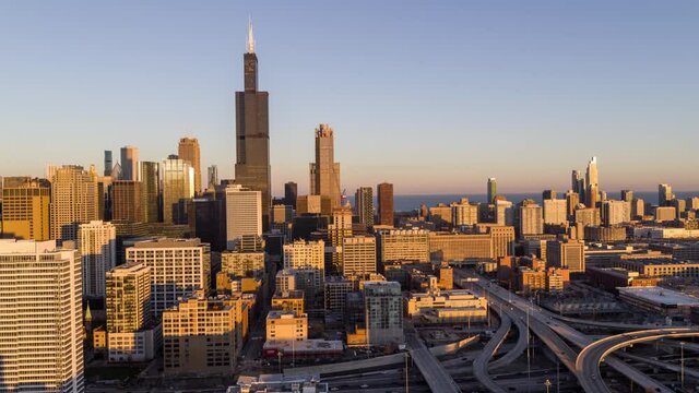 Establishing Shot of Chicago Skyline at Golden Hour