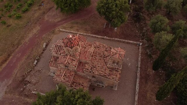 Aerial view of St. Samarina church in Messinia region at dusk