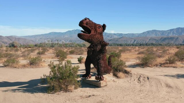 Gigant metal sculpture of trex in Anza Borrego Desert, California, USA