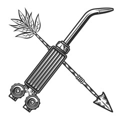 Welding torch repair tool from new construction crossed with arrow isolated vintage monochrome vector illustration