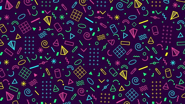 Abstract 4k animation of a retro pattern background with geometrical shapes and lines. 80s 90s Memphis style. Violet, yellow, neon green, cyan and pink color palette.