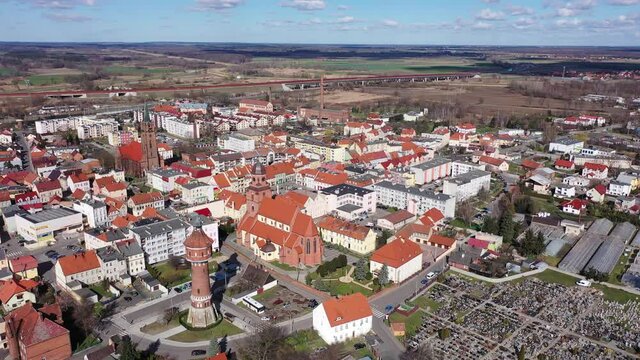 Aerial view of small Polish town of Zmigrod on spring day, Trzebnica County, Lower Silesian Voivodeship