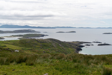 Amazing panoramic view from Com an Chiste Pass, Ring of Kerry, Iveragh Peninsula, County Kerry, Ireland, Europe. Part of Wild Atlantic Way