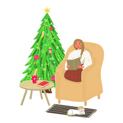 Woman with christmas tree sitting in a chair and reading a book. Christmas evening.