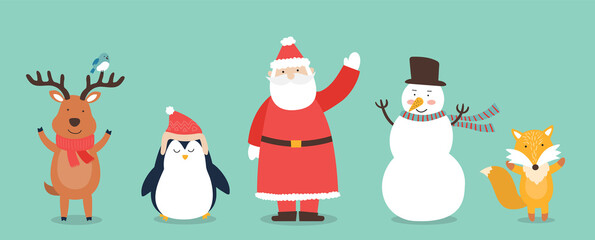 Christmas characters - snowmen, Santa Claus, fox, penguin, reindeer and raccoon isolated on green background