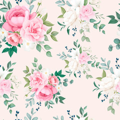 Obraz na płótnie Canvas Beautiful floral and leaves seamless pattern design