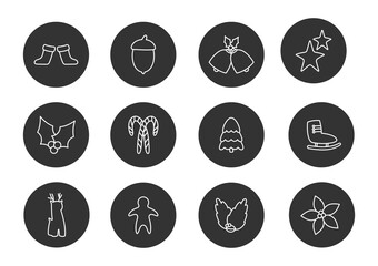 Christmas glyph icons set. Silhouettes symbols of winter holidays sock, stars, christmas tree, bells. Button xmas logo, web signs, pictograms package. Templates isolated on white vector illustration