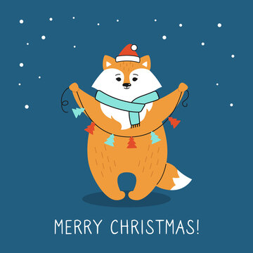 Greeting Christmas card, fox with tree garland. New year red fox in Santa Claus hat. Hand drawn funny cartoon christmas character. Happy New year, merry Christmas. Animal vector