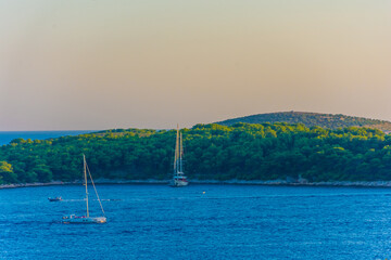 View of the Pakleni Islands from Hvar at sunset, Croatia