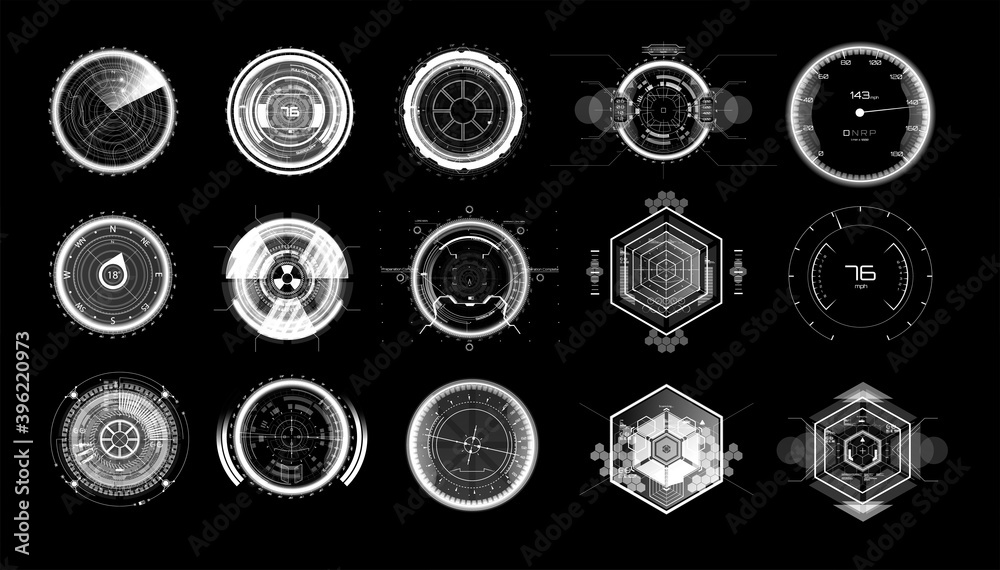 Poster futuristic circle elements in hud style. set digital circular elements - military crosshair, futuris