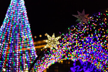 Winterfest 2020 in Cleveland with Christmas star and other illuminated colorful decoration