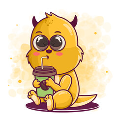 cute monster cartoon drinking coffee illustration
