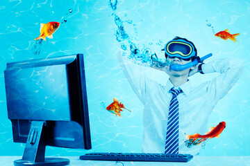 Funny businessman work with fishes at underwater
