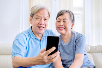 Happy old couple making a video call at home