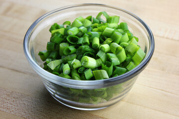 Sliced Scallions in a Glass Bowl