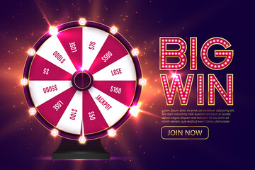 Casino spinning fortune wheel vector banner template. Rotating roulette, lottery game poster layout. Jackpot Big Win lightbulbs glowing sign. Gambling business. Game of luck playing - obrazy, fototapety, plakaty