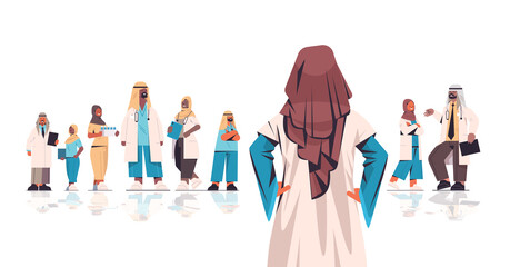 Obraz premium team of medical professionals arabic doctors in uniform working together medicine healthcare concept horizontal full length vector illustration