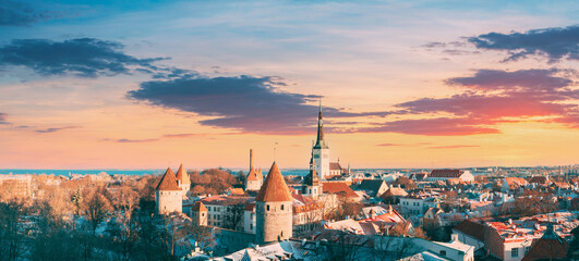 Tallinn, Estonia. Panoramic View Of Part Of Tallinn City Wall With Towers, At Top Of Photo There Is...