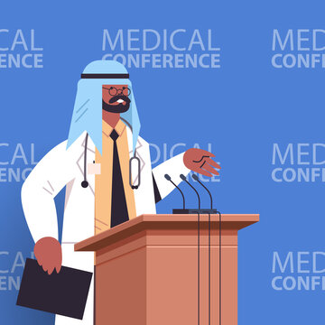 black muslim male doctor giving speech at tribune with microphone medical world conference medicine healthcare concept portrait vector illustration