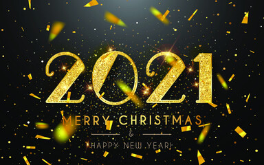Happy new year 2021 gold color, shining gold pattern greeting card design, happy new year banner with numbers 2021 dark background