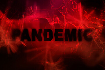 Fototapeta na wymiar Tragic bloody red background, the word pandemic blurred in space