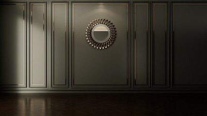 classic room interior design with mirror. 3d render illustration mockup.