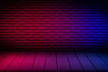 Neon light on brick wall texture background. Lighting effect red and blue neon background for...