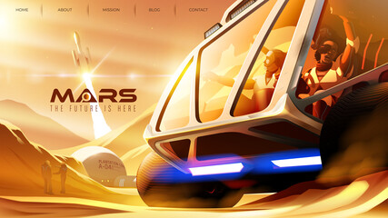 various missions on Mars, scientists driving a rover, the space shuttle is being launched to the orbit of the planet © Bryan Vectorartist