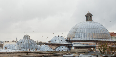 Fototapeta na wymiar lead suleymaniye mosque domes with cloudy sky