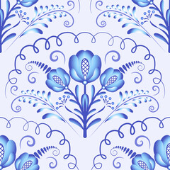 Seamless pattern of light blue big flowers and elements. Repeating floral pattern. Decorative pattern of flowers in the style of Chinese painting on porcelain.