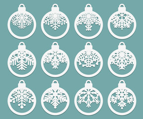 Set of laser cut Christmas balls with snowflake cutout of paper Sample Template for Christmas card, invitation for Christmas party For laser or plotter cutting printing serigraphy
