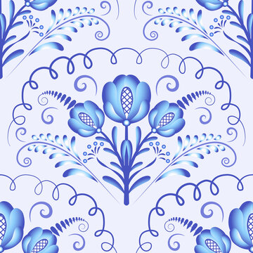 Seamless pattern of light blue big flowers and elements. Repeating floral pattern. Decorative pattern of flowers in the style of Chinese painting on porcelain.
