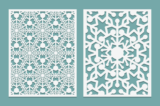 Die and laser cut intricate panels with snowflakes pattern. Laser cutting lace borders. Invitation and Greeting card templates. For laser or plotter cutting or printing serigraphy Vector illustration