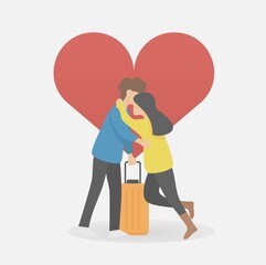 Young male and female characters meet and hug in the airport,Warm Meeting, Friendship, Loving couple in the airoport,Vector illustration.