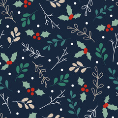 Christmas Berries, Branches, and Leaves Seamless Pattern