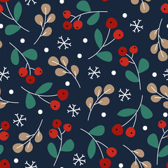 Christmas Berries, Leaves, and Snowflakes Seamless Pattern